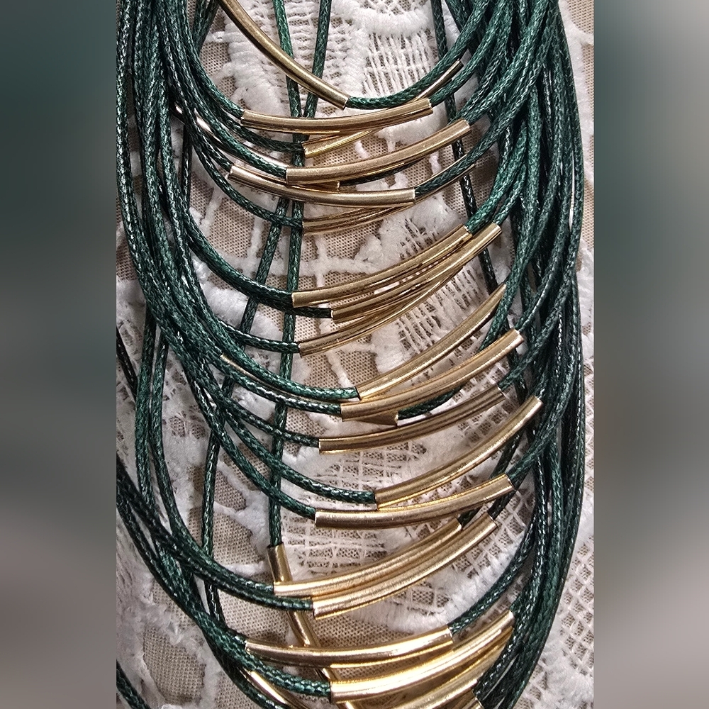 FREE with Purchase - Multi Layered Green Faux Leather And Gold Tube Necklace - Picture 4 of 8